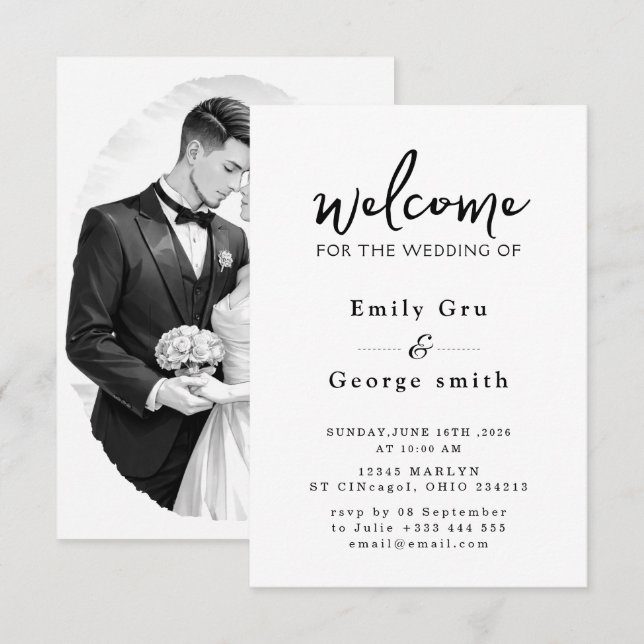 Reserve A Data Black & White Anime Wedding Invitation (Frente/Verso)