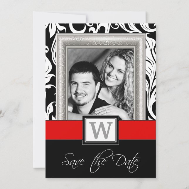 Reserve A Data Black White Damask & Red Wedte Salvar as Datas (Frente)
