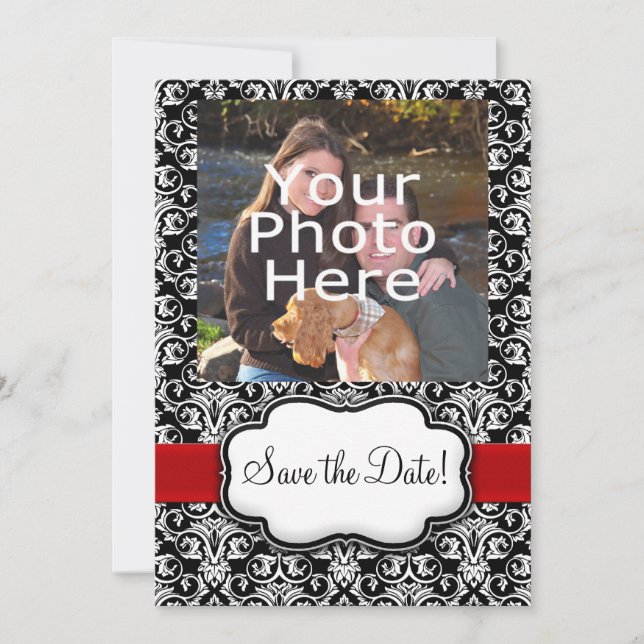 Reserve A Data Black/White/Fita Vermelha Damask Save the Date (Frente)