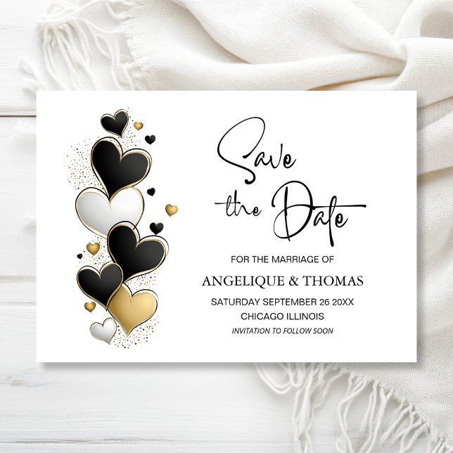 Reserve A Data Black White Gold Hearts Casamento Salvar a Data (Criador carregado)