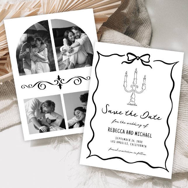 Reserve A Data Black & White Hand Drawn Bow Photo Wedding (Criador carregado)