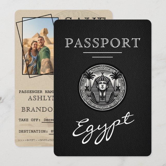 Reserve A Data Blacl Egypt Passport Wedding Save the Date (Frente/Verso)