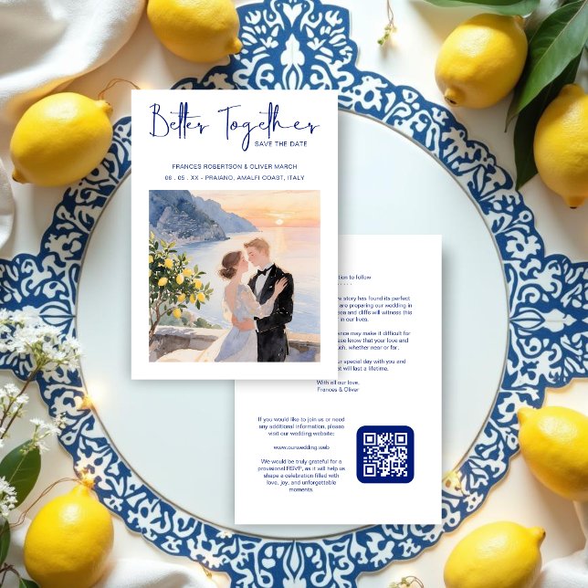Reserve A Data Blue Amalfi Coast Lemon Tree Chic Wedding Couple (Blue Amalfi Coast Lemon Tree Chic Wedding Couple Save the Date Cards with Back QR Code. )