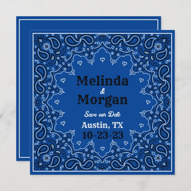 Reserve A Data Blue Bandana Flat Save The Date Card (Frente/Verso)