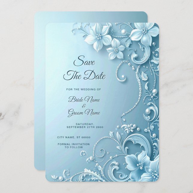 Reserve A Data Blue Decorative Floral Save the Date (Frente/Verso)