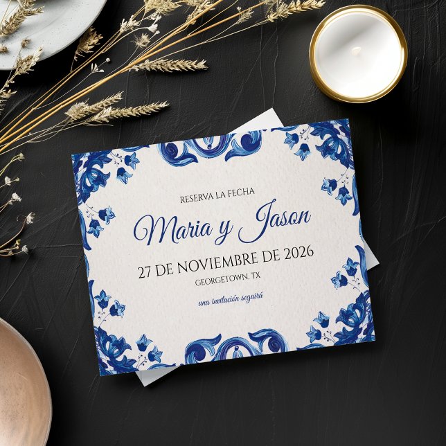 Reserve A Data Blue Floral Elegant Fiesta Spanish Wedding (Blue Floral Elegant Fiesta Spanish Wedding Save The Date)
