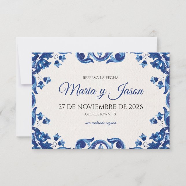 Reserve A Data Blue Floral Elegant Fiesta Spanish Wedding (Frente)