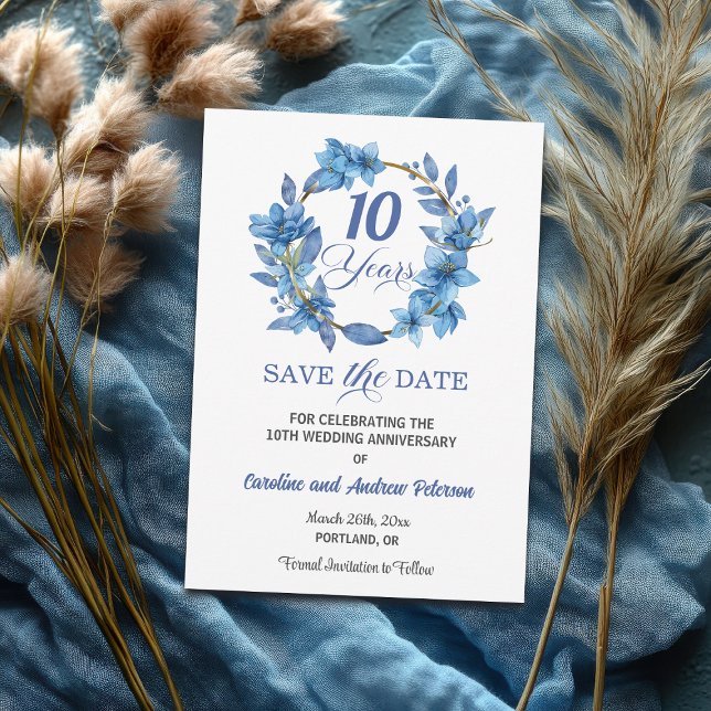 Reserve A Data Blue Floral Gold Frame 10th Wedding Anniversary (Criador carregado)