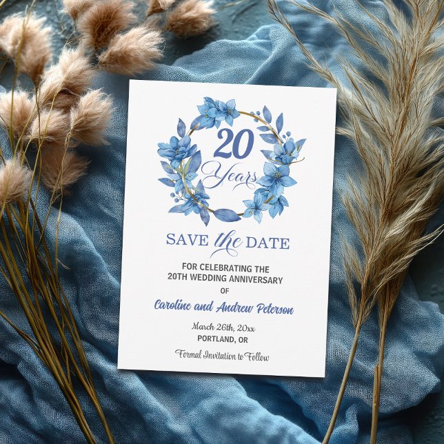 Reserve A Data Blue Floral Gold Frame 20th Wedding Anniversary (Criador carregado)