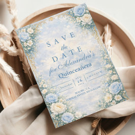 Reserve A Data Blue Floral Gold Garden Quinceañera