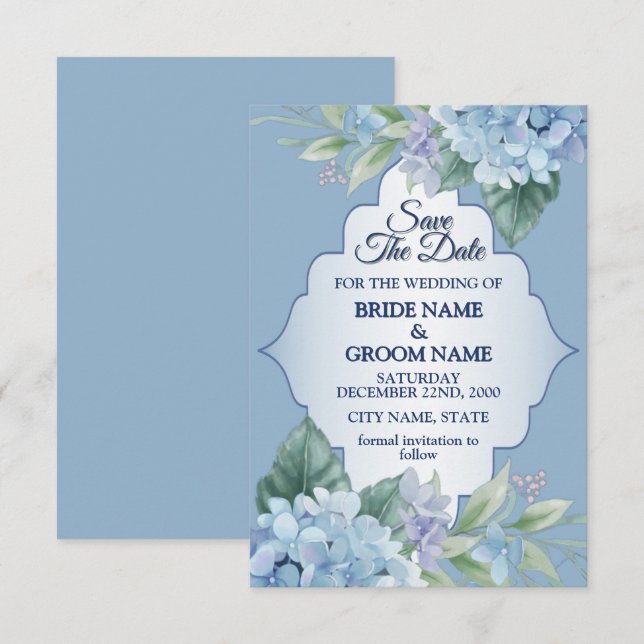 Reserve A Data Blue Floral Green Leaves Frame Elegant Wedding (Frente/Verso)
