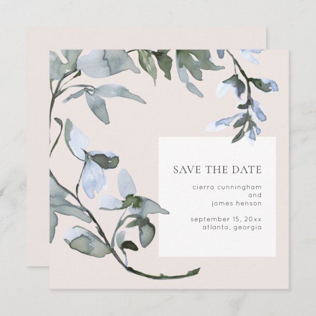 Reserve A Data Blue Floral Greenery Weding the Date Card (Frente/Verso)