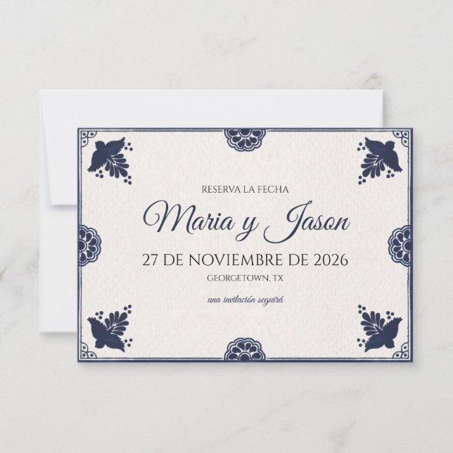 Reserve A Data Blue Floral Otomi Simple Fiesta Spanish Wedding (Frente)