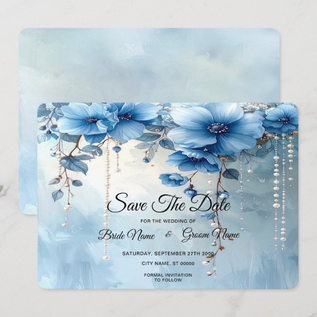 Reserve A Data Blue Flowers and Pearls Save The Date (Frente/Verso)