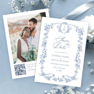 Reserve A Data Blue French Toile Garden Código QR Foto Casamento