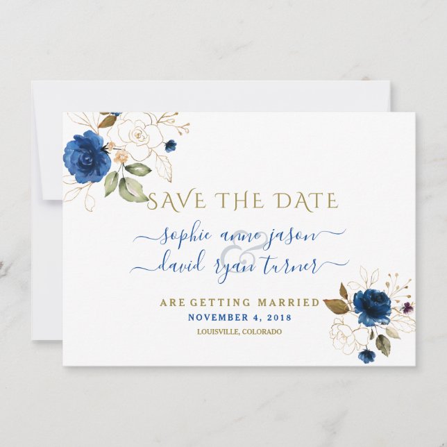 Reserve A Data Blue Gold Floral Casamento Caligrafia Save The Dat (Frente)
