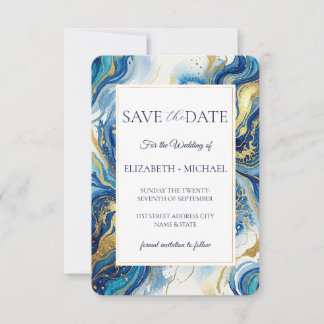 Reserve A Data Blue Gold Marble  Elegant Wedding Save the Date