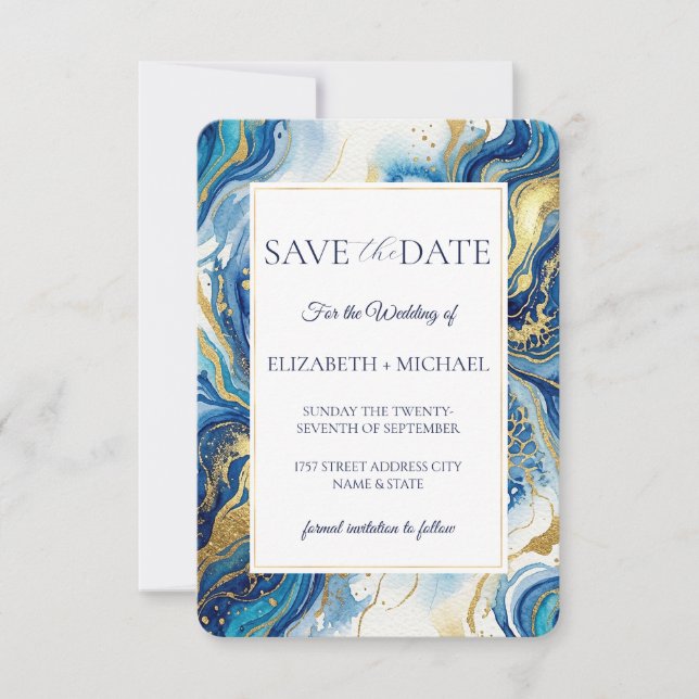 Reserve A Data Blue Gold Marble  Elegant Wedding Save the Date (Frente)