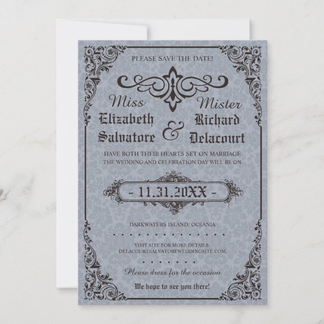 Reserve A Data Blue Gothian Victorian Damask Save Dates (Frente)