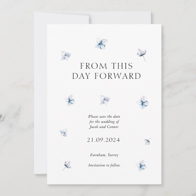 Reserve A Data Blue Hydrangea Petal Weding the Date Card (Frente)