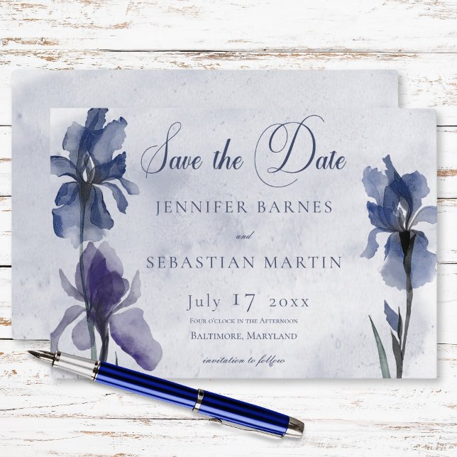 Reserve A Data Blue Iris Flowers Casamento Moderno Azul (Blue Iris Flowers Blue Modern Wedding Save The Date)