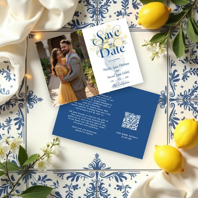 Reserve A Data Blue Mediterranean Floral Classic Chalice Lemons (Blue Mediterranean Cheerful Floral Classic Chalice Lemons & Flowers Wedding Save the Date Cards.)