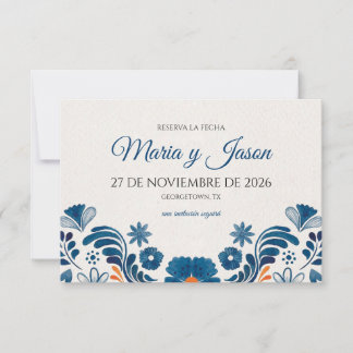 Reserve A Data Blue Orange Floral Elegant Fiesta Spanish Wedding