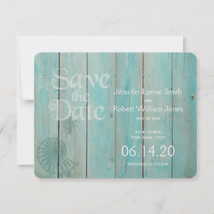 Reserve A Data Blue Seashell sobre Wood Beach Casamento Salve a D