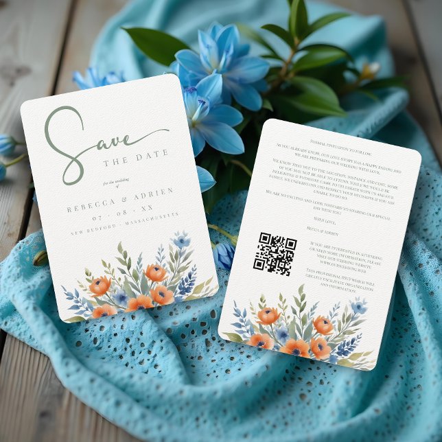 Reserve A Data Blue Shades Delicate Floral Bouquet Border Wedding (Blue Shades Delicate Floral Bouquet Border Wedding Save the Date Cards with QR Code)