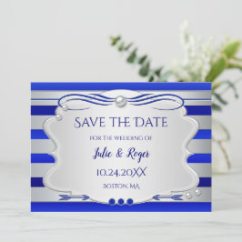 Reserve A Data Blue Silver Strited Photo Save the Date Card