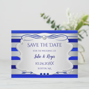 Reserve A Data Blue Silver Strited Photo Save the Date Card