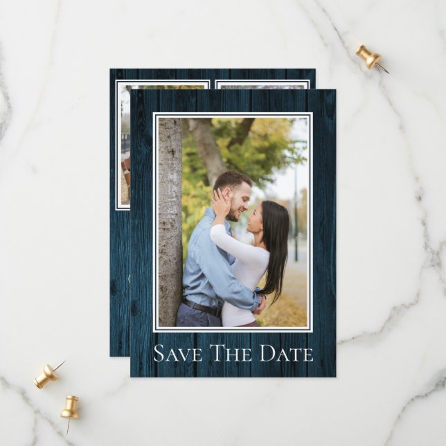 Reserve A Data Blue Simple Rustic Photo Save The Date (Frente/Verso In Situ)
