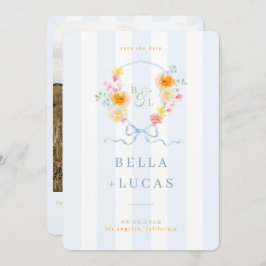 Reserve A Data Blue Stripes Floral Crest Monogram Spring Wedding