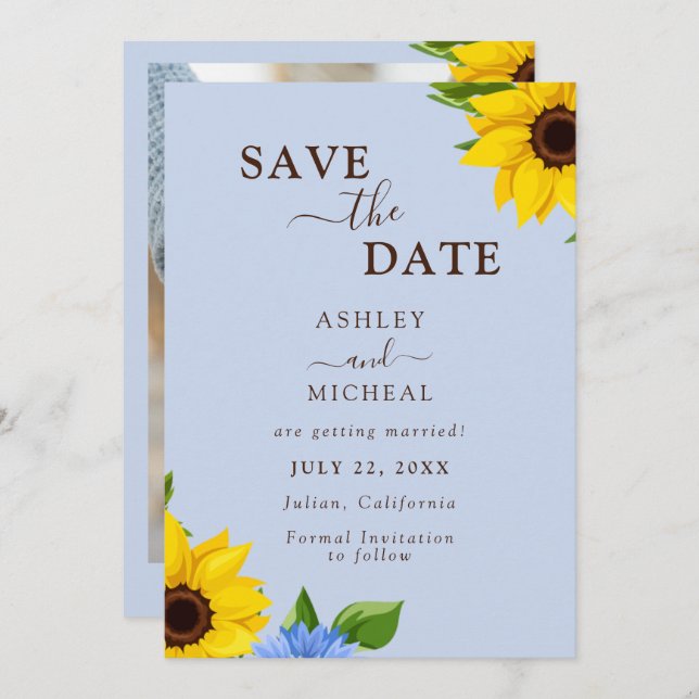Reserve A Data Blue Sunflower Wedface Flat Save The Date Card (Frente/Verso)