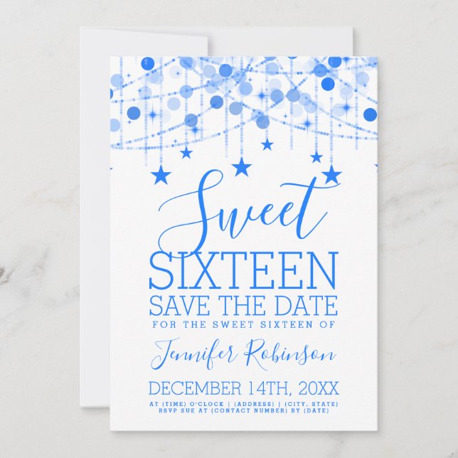 Reserve A Data Blue Sweet 16 Luzes de String Sparkly Data de salv (Frente)