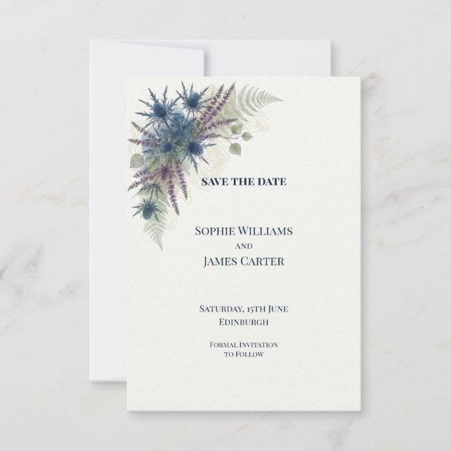 Reserve A Data Blue Thistle Save The Date Casamento Escocês (Frente)