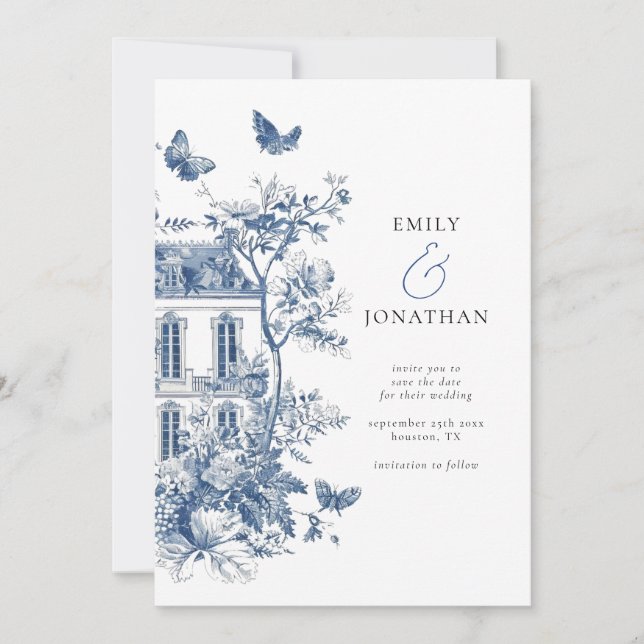Reserve A Data Blue Toile De Jouy QR Casamento Salve a Data (Frente)
