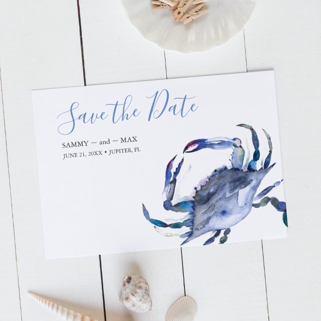 Reserve A Data Blue Watercolor Crab Salve a data (Non photo wedding save the date invitations watercolor blue crab art by Victoria Grigaliunas)