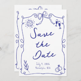 Reserve A Data Blue Whimsical Diversão Quirky Fez Casamento