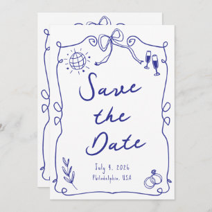 Reserve A Data Blue Whimsical Diversão Quirky Fez Casamento
