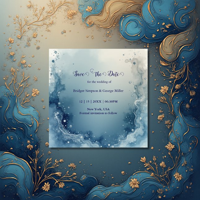 Reserve A Data blue white Dreamy coastal marble ink wedding (Criador carregado)