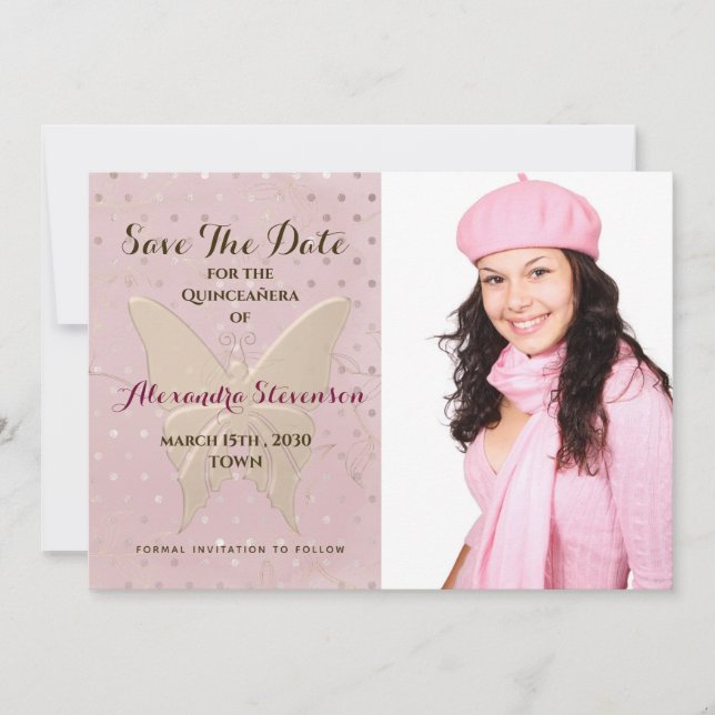 Reserve A Data Blush Dourado Borboleta Quinceañera (Frente)