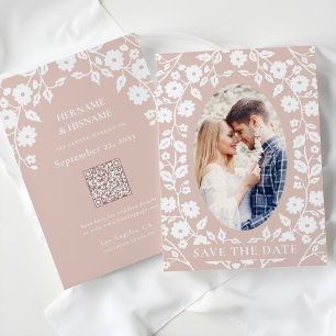 Reserve A Data Blush Dusty Pink Foto QR Code Folha Floral