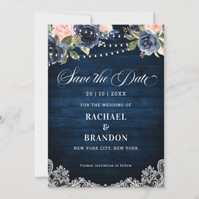 Reserve A Data Blush Floral Azul Marinho Luzes de Fio Save the Da (Frente)