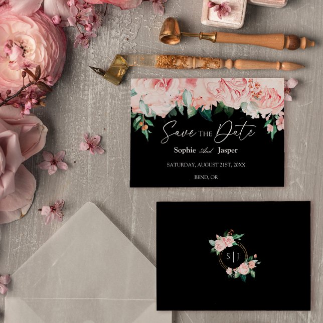 Reserve A Data Blush Floral Black Flat Save The Date Card (Criador carregado)