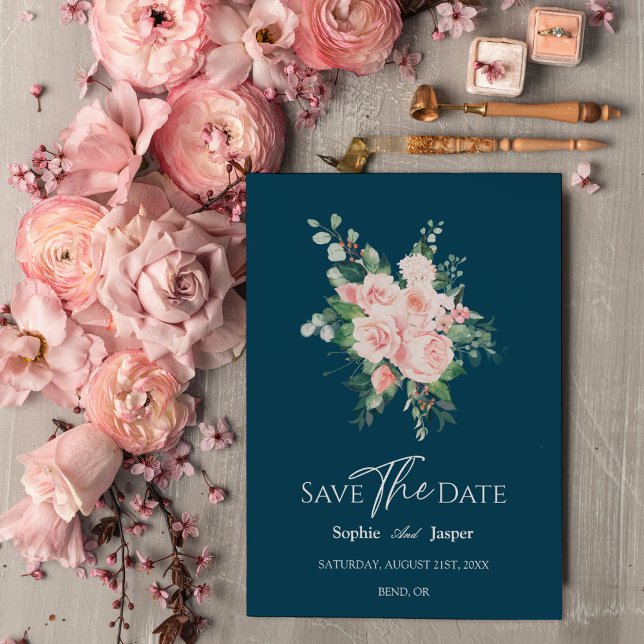 Reserve A Data Blush Floral Marinho Weding The Date Card (Criador carregado)