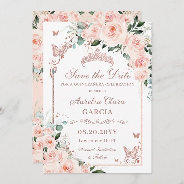 Reserve A Data Blush Floral Sweet 16 Rosa Dourado Quinceañera Fot (Frente/Verso)