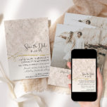 Reserve A Data  Blush Gold Scroll Damask Engaged Photograph<br><div class="desc">"Blush Gold Scroll Damask Engaged Photograph Save the Date." Your photograph, names and wedding date are featured on the reverse side so your guests can keep and treasure your announcement forever. Elegant, barely blush pink and beige classic leaf and floral damask pattern painted by internationally licensed artist and designer, Audrey...</div>