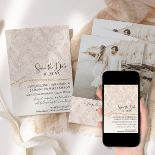 Reserve A Data Blush Gold Scroll Damask Engaged Photograph