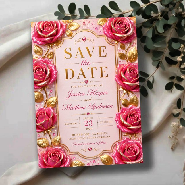 Reserve A Data Blush Pink Rose Elegant Gold Floral (Criador carregado)